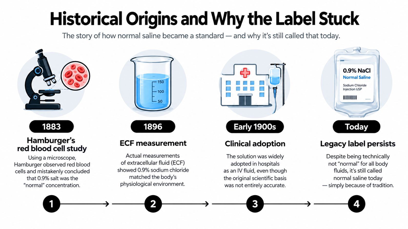 A timeline graphic explaining the historical origins and naming of 0.9 percent sodium chloride as normal saline.