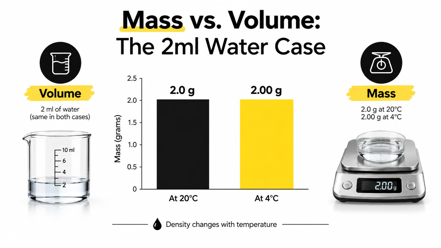 A diagram comparing the mass of 2ml of water at different temperatures of 20°C and 4°C.