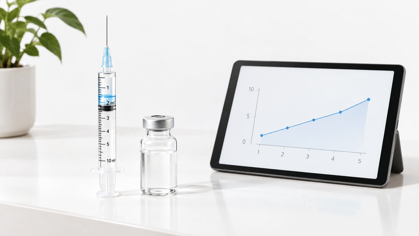 A syringe with 2ml of liquid, a vial, and a tablet displaying an upward trending data graph.