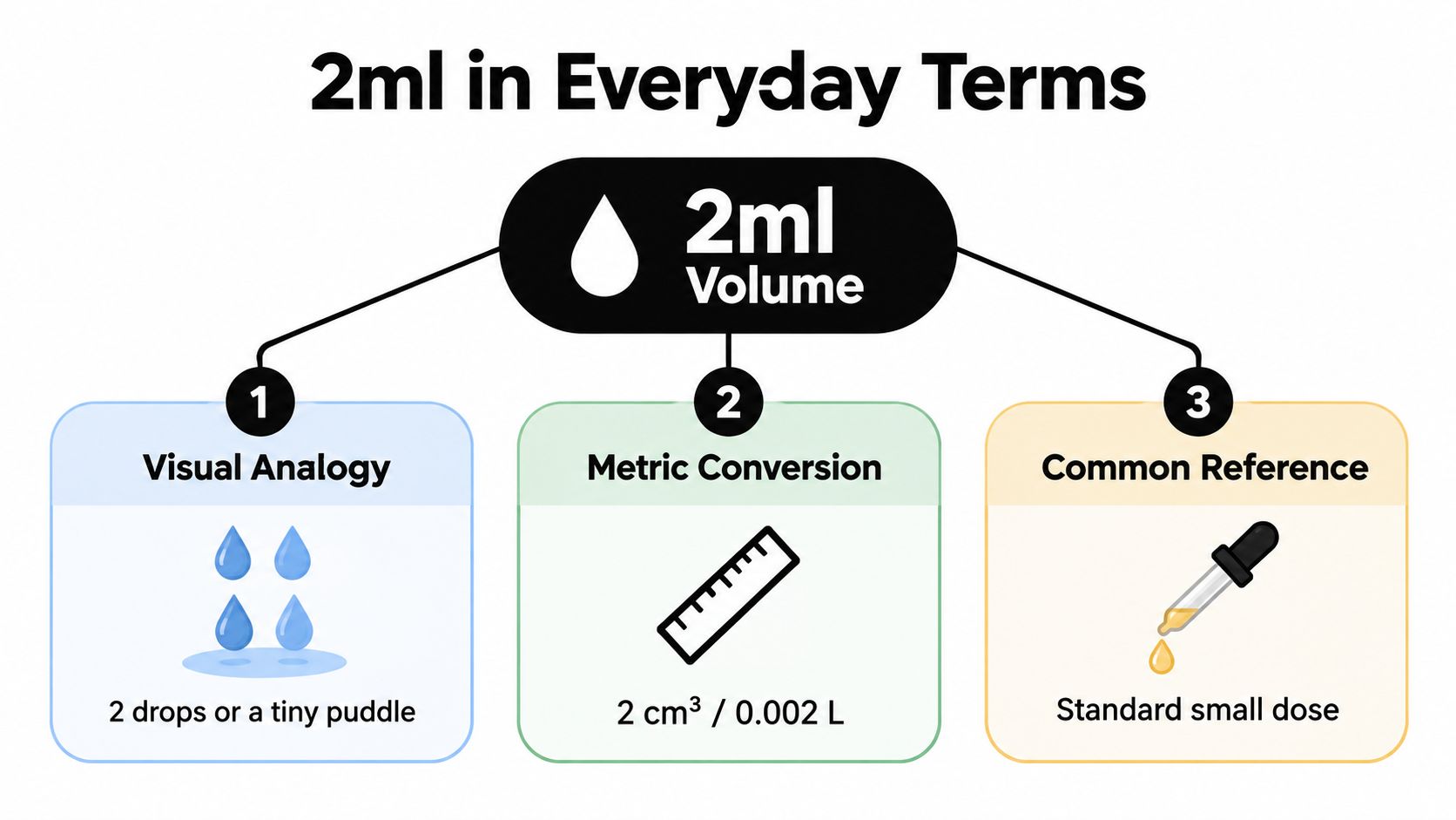 An infographic titled 2ml in Everyday Terms explaining the volume with visual analogies, conversions, and references.