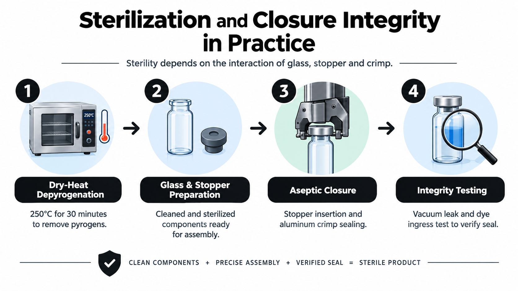 A four-step infographic illustrating the sterilization and closure integrity process for pharmaceutical glass vials and stoppers.