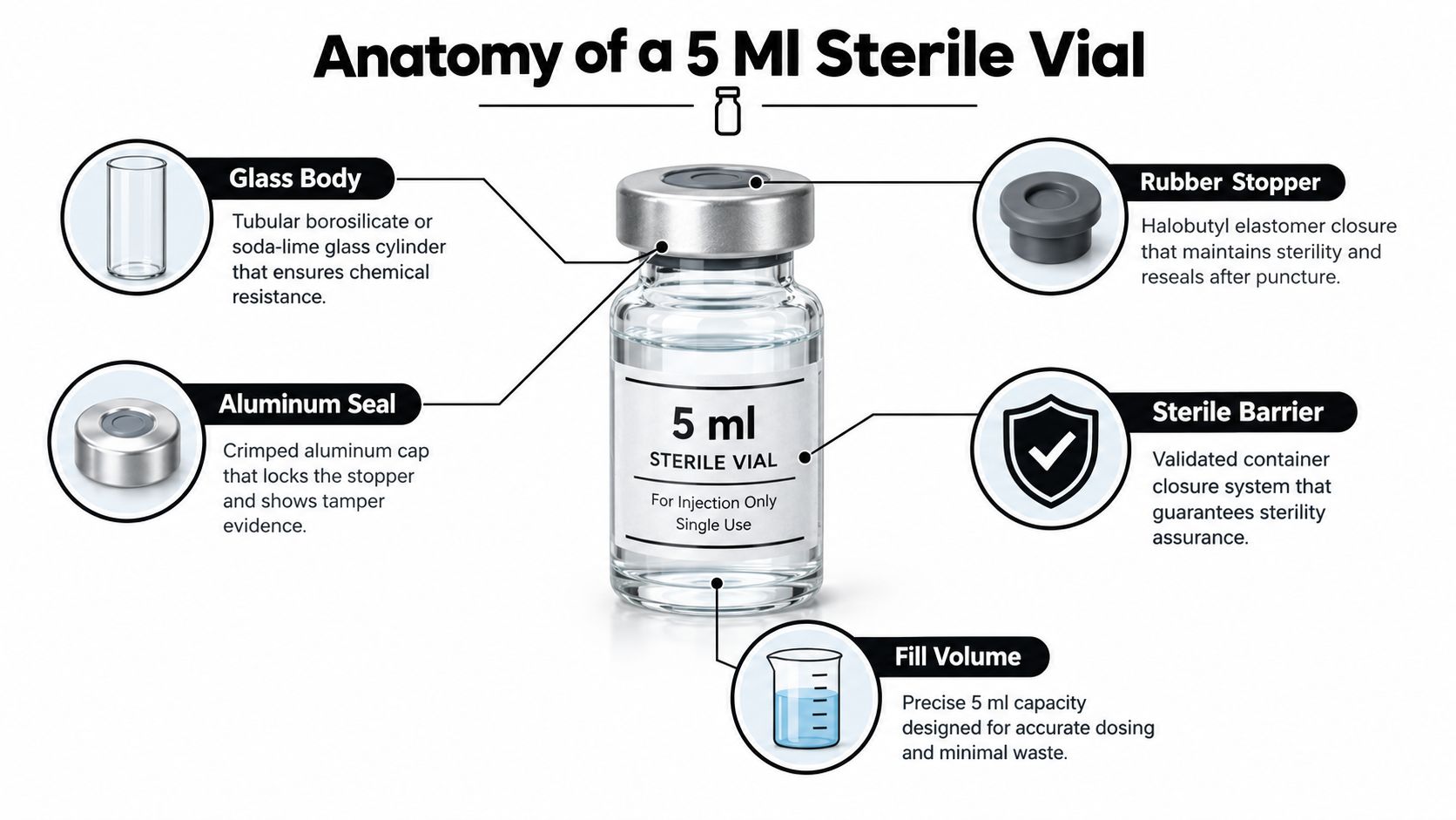 An infographic showing the anatomical components of a 5 ml sterile injection vial, including labels for its parts.