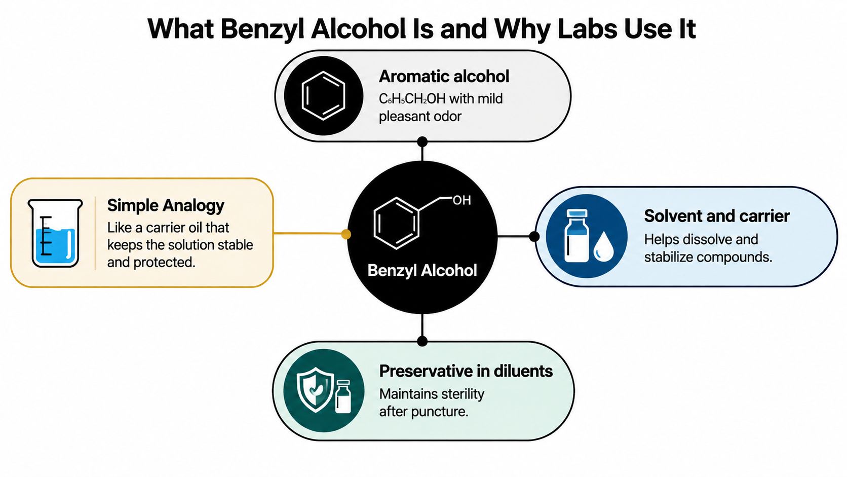 A colorful infographic illustrating the chemical properties, uses, and functions of benzyl alcohol in laboratory settings.