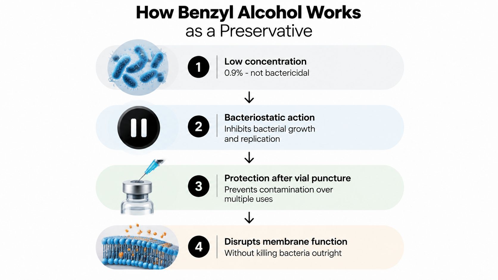 A diagram explaining how benzyl alcohol acts as a bacteriostatic preservative to prevent bacterial growth in vials.
