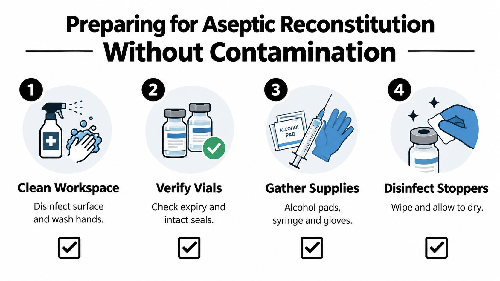 A four-step instructional graphic on how to prepare for aseptic reconstitution to ensure medical safety.