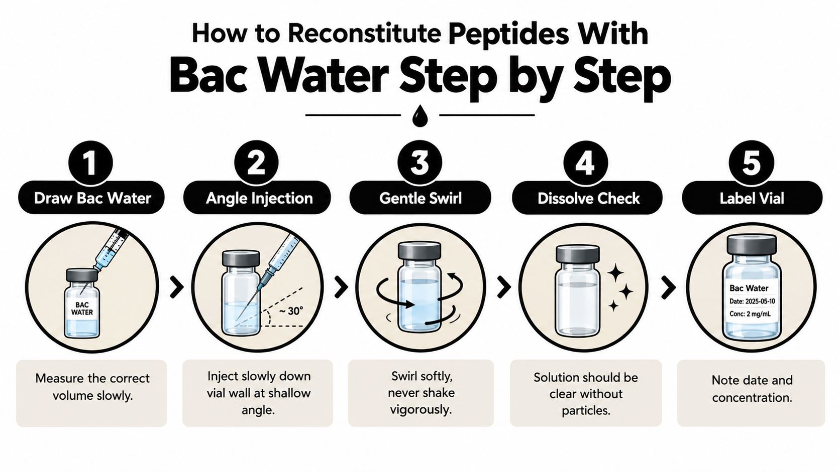 An instructional infographic demonstrating the five steps for reconstituting peptides using bacteriostatic water and a syringe.