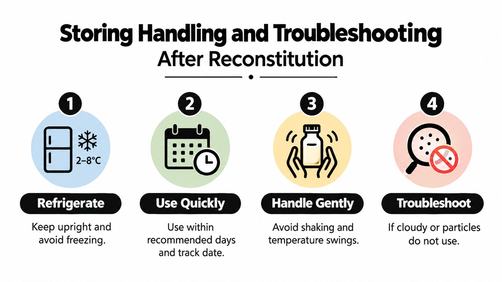 An infographic showing four steps for the proper storage, handling, and troubleshooting of medicine after reconstitution.