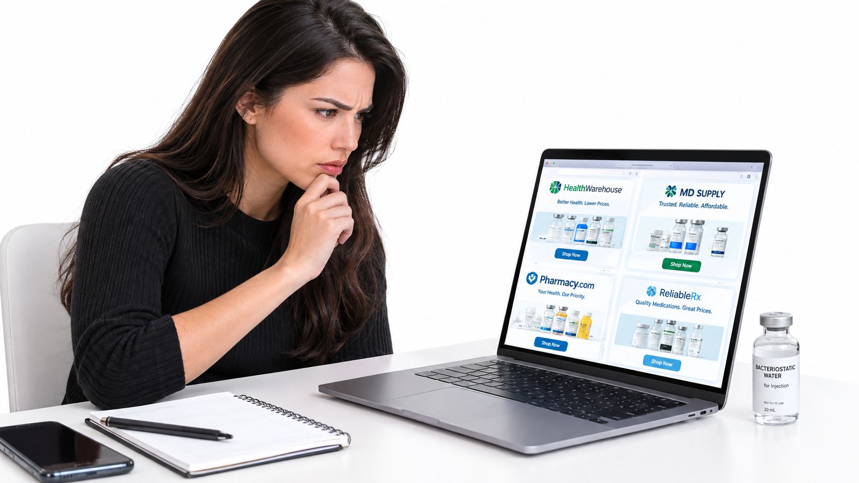 A focused woman searching for bacteriostatic water on her laptop screen while sitting at a white desk.