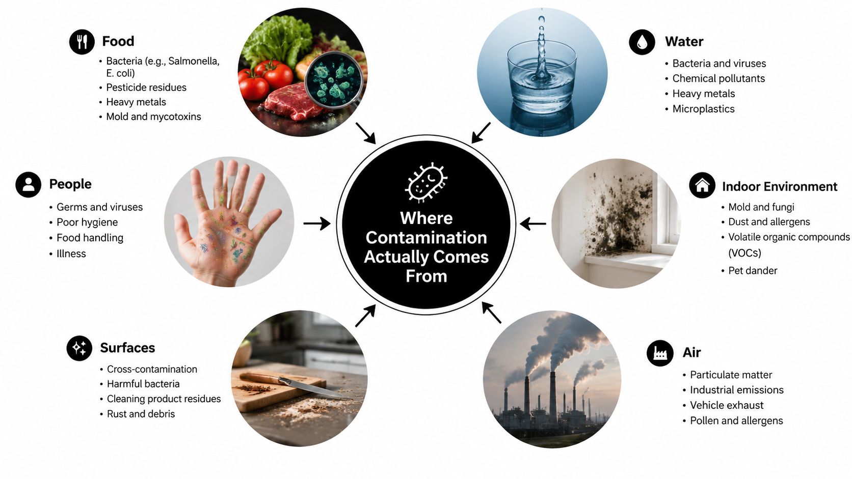 An infographic showing six primary sources of environmental and household contamination including food, water, people, surfaces, air, and indoor environments.