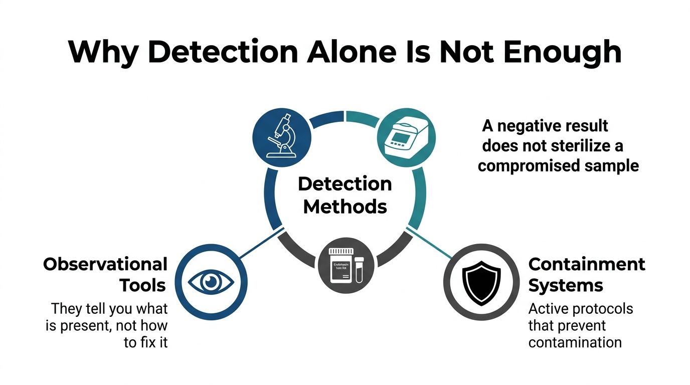 A diagram explaining why detection alone is insufficient for laboratory safety and contamination management protocols.