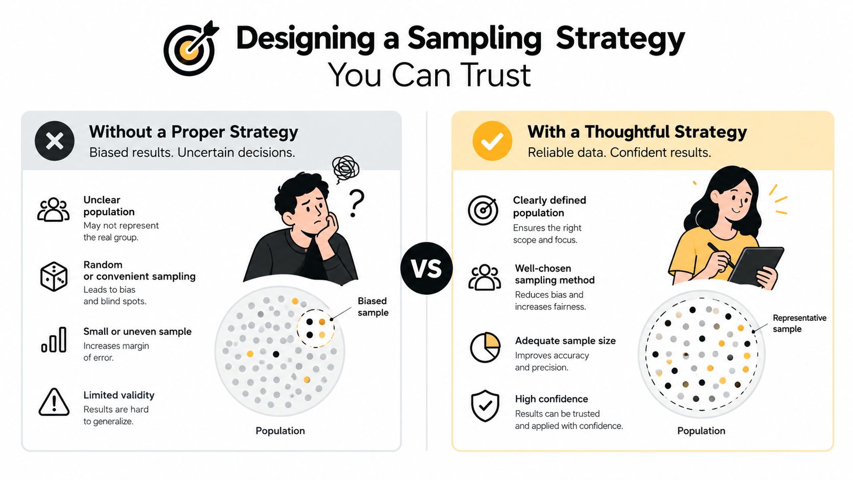 A comparison infographic showing how a thoughtful sampling strategy leads to reliable and representative data results.