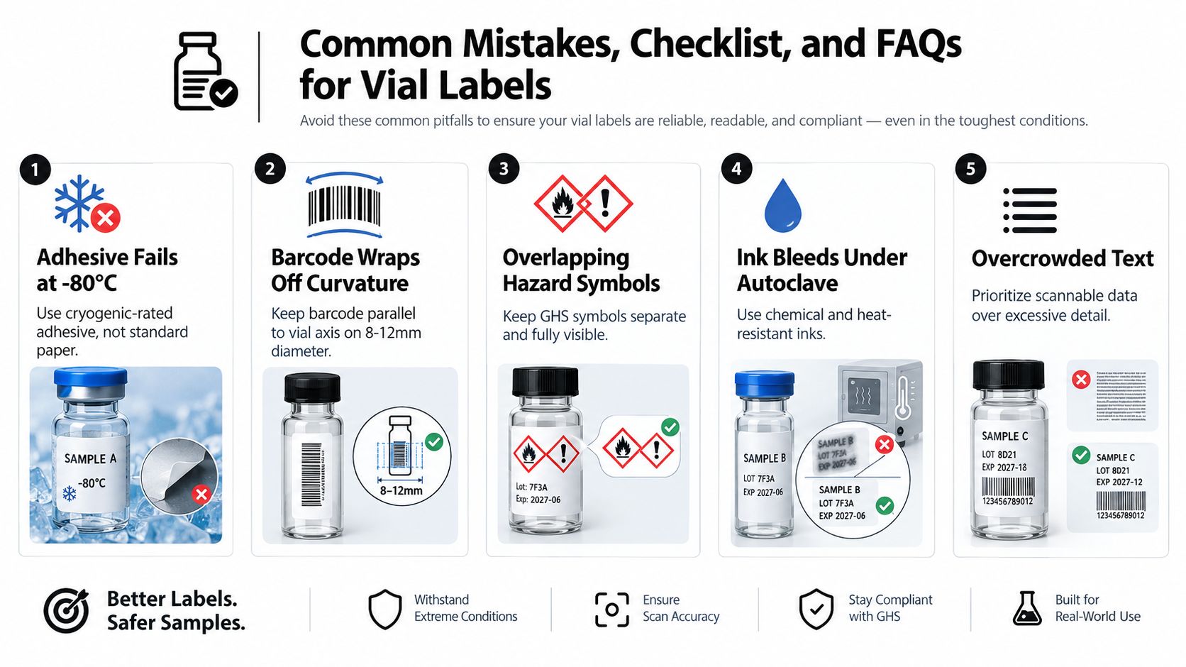 An infographic detailing five common mistakes to avoid when designing labels for laboratory glass vials.