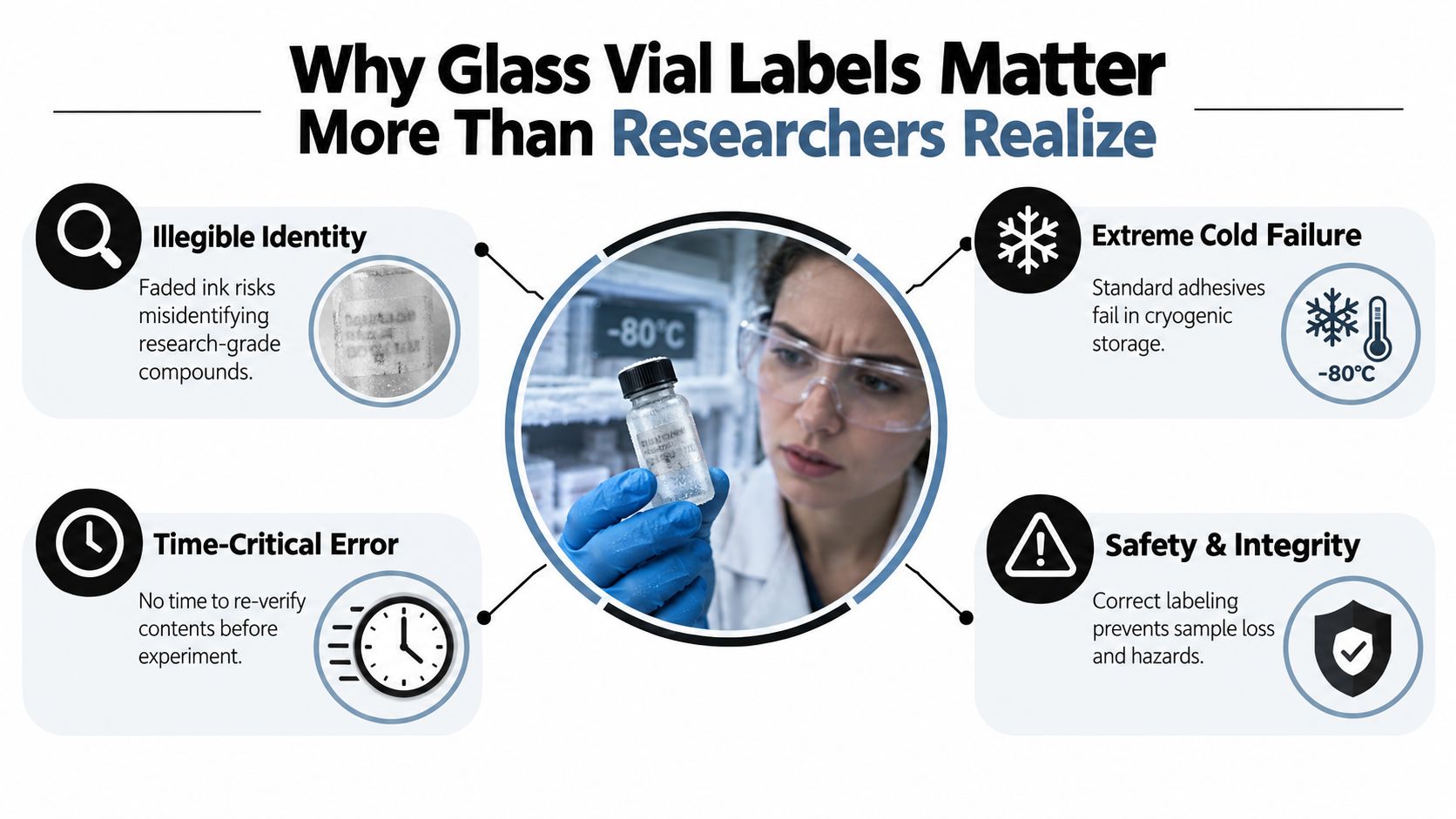 A researcher holding a labeled glass vial in a cold storage laboratory setting for scientific research.