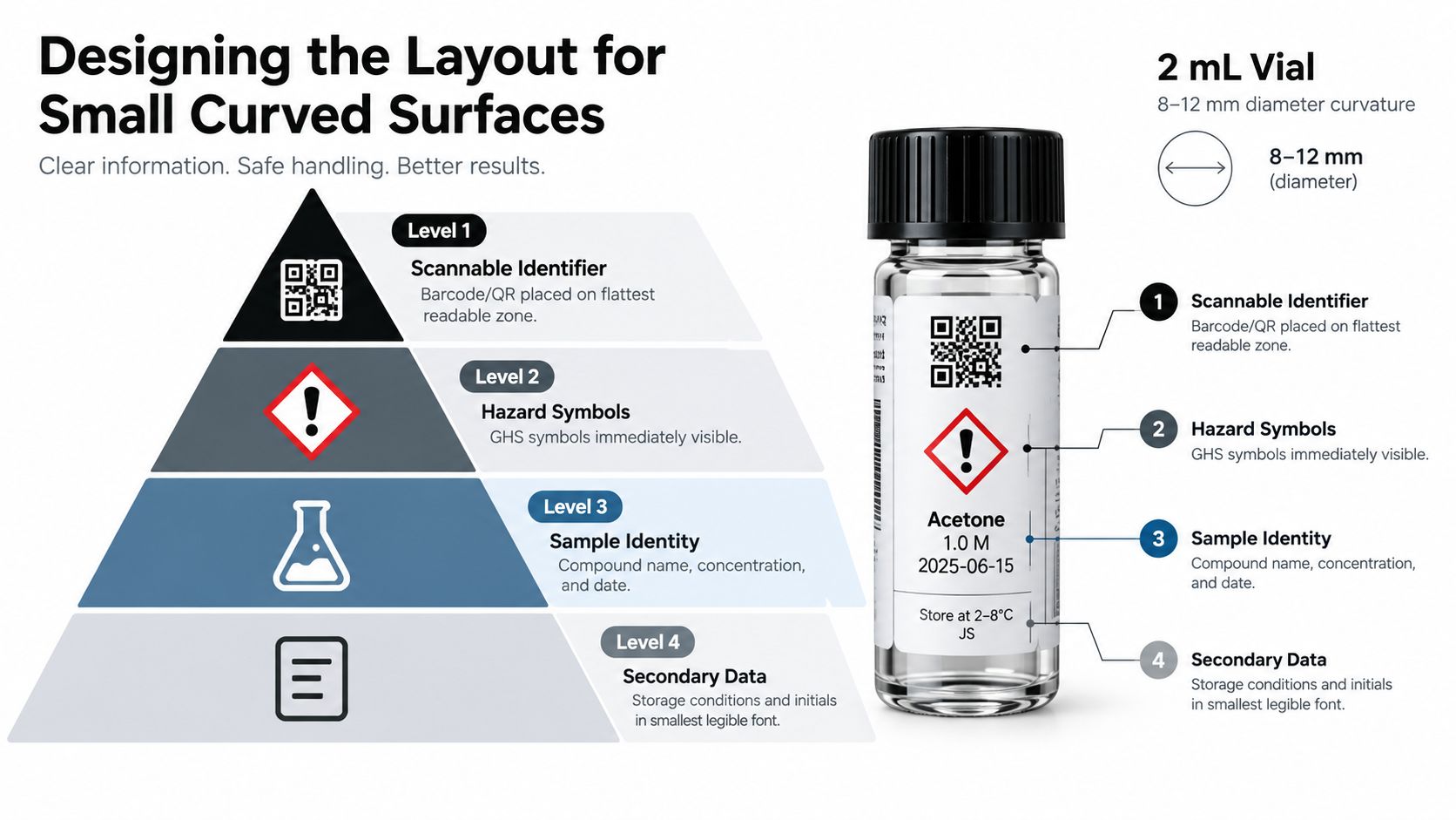 A diagram illustrating a four-level hierarchy for designing effective labels on small curved glass vials.