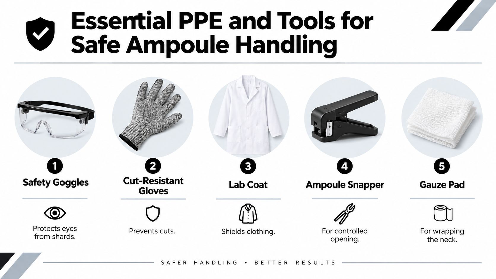 An infographic showing five essential items of personal protective equipment and tools for safely opening glass ampules.