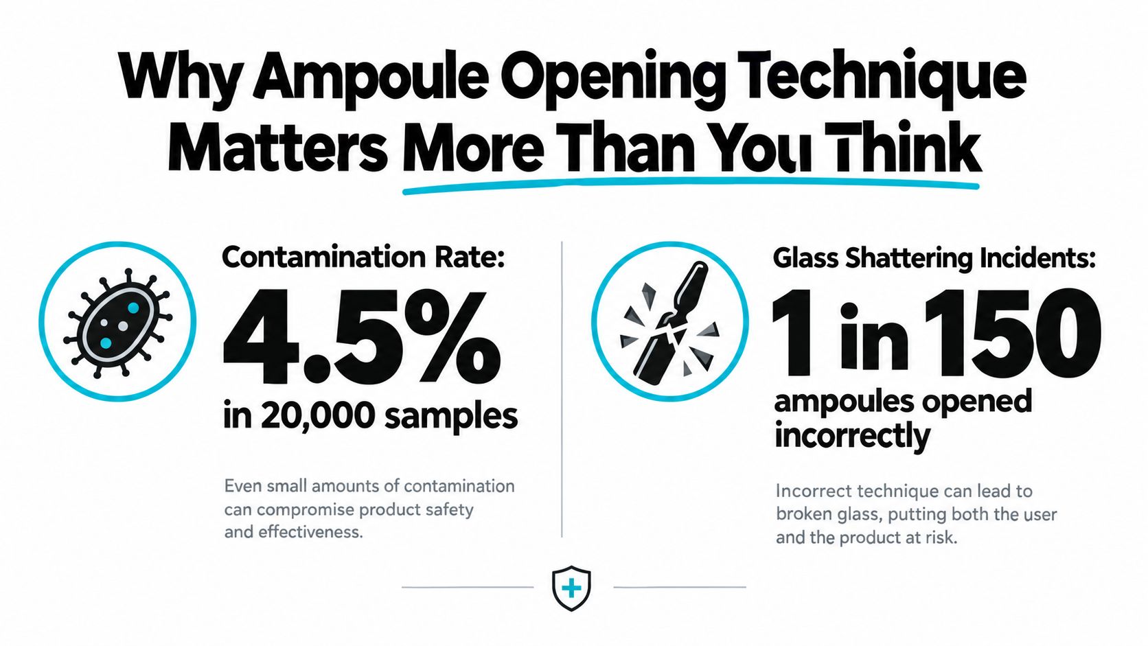 An infographic showing statistics about the risks of incorrect ampule opening, including contamination and glass shattering.
