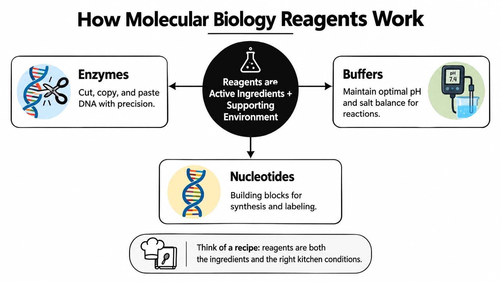 A diagram explaining molecular biology reagents as enzymes, buffers, and nucleotides acting like ingredients in a recipe.