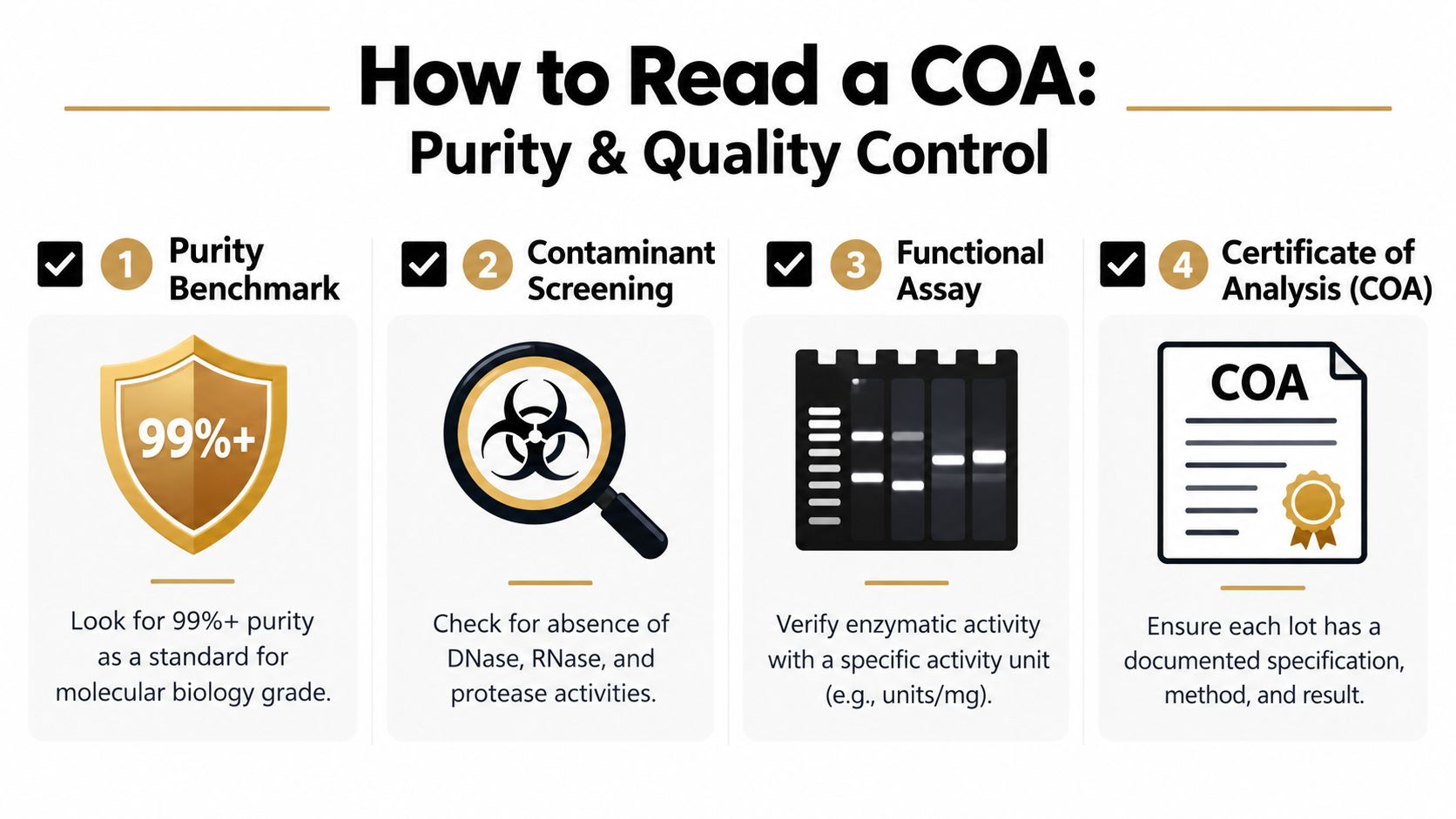 An infographic titled How to Read a COA illustrating four essential quality control steps for molecular biology reagents.