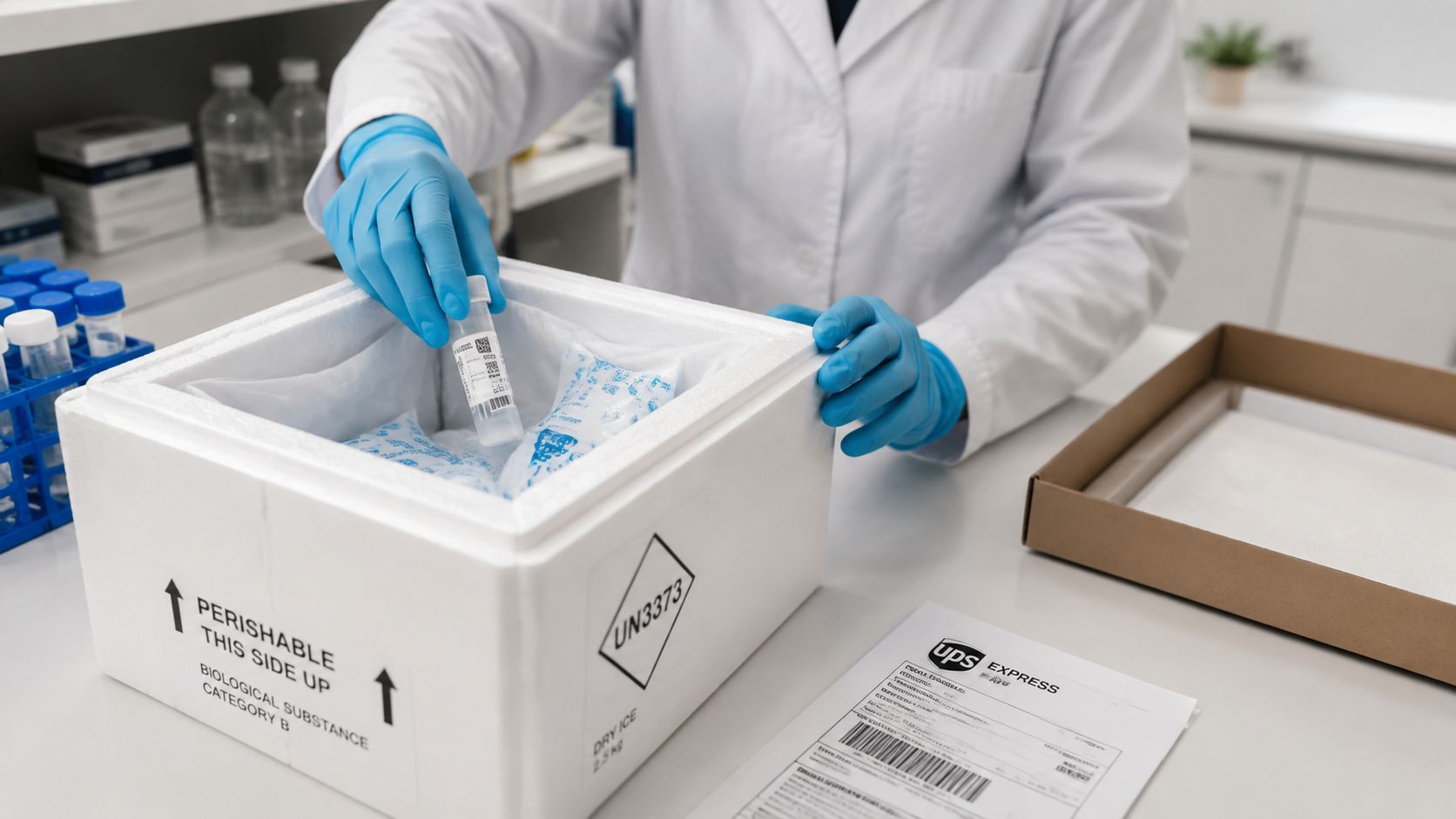 A lab technician in a white coat wearing blue gloves packs a biological sample into a cooler.