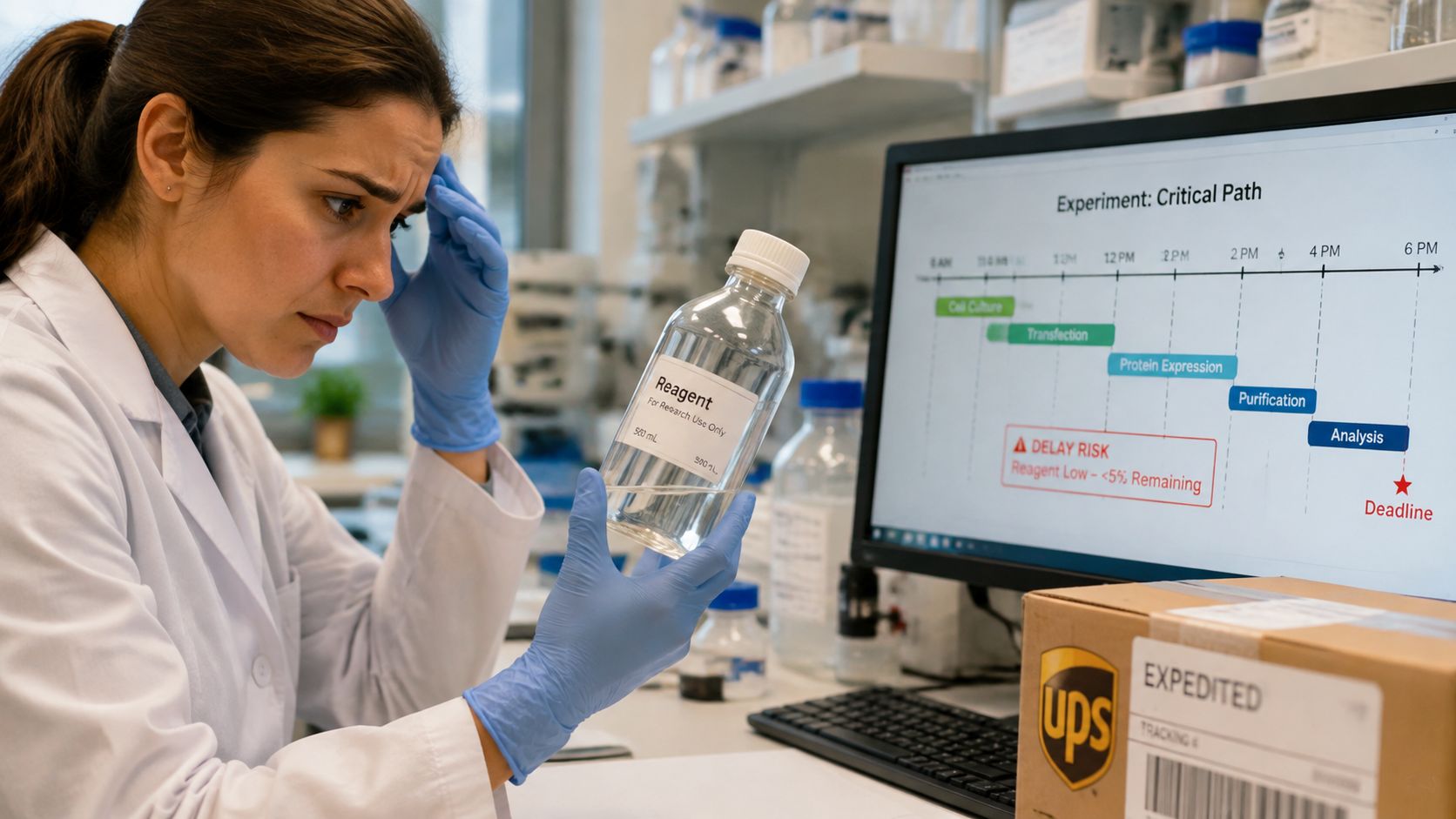A concerned scientist in a lab looking at a reagent bottle while monitoring an urgent supply deadline.