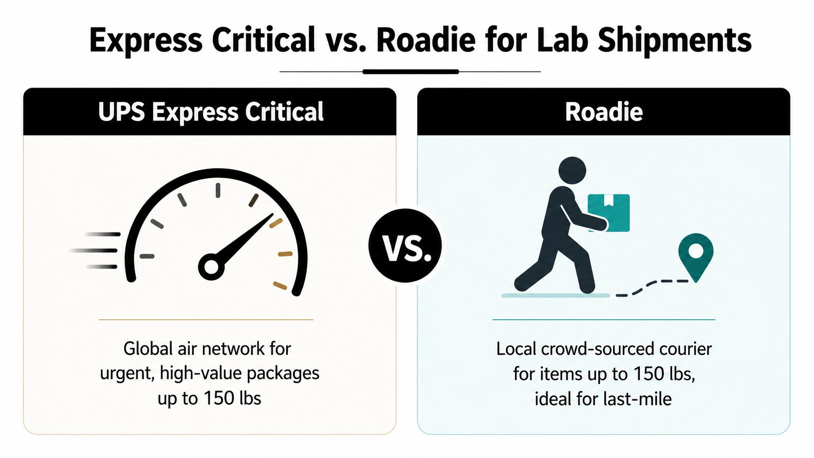 A comparison graphic showing features of UPS Express Critical and Roadie courier services for lab shipments.