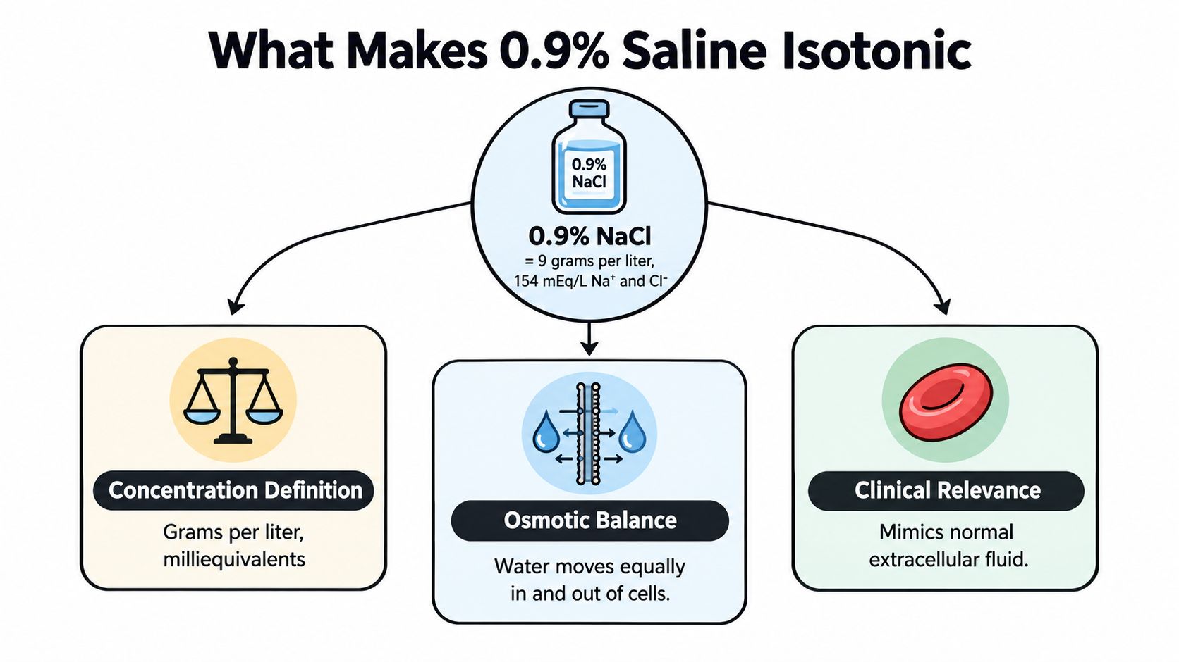 An infographic explaining why 0.9 percent saline is isotonic, detailing its concentration, osmotic balance, and clinical relevance.