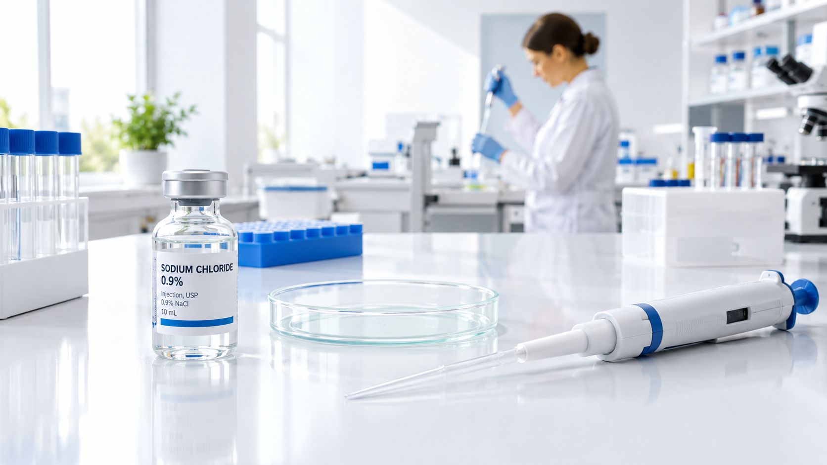 A glass vial of 0.9% sodium chloride for injection sitting on a white laboratory table.