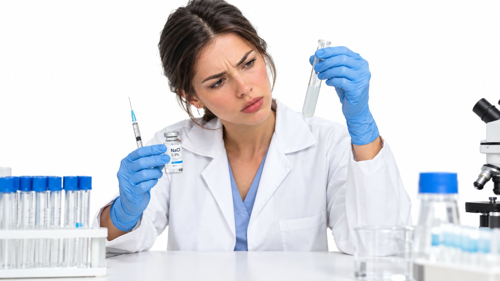 A concerned scientist in a white coat examines a test tube while holding a syringe and NaCl vial.