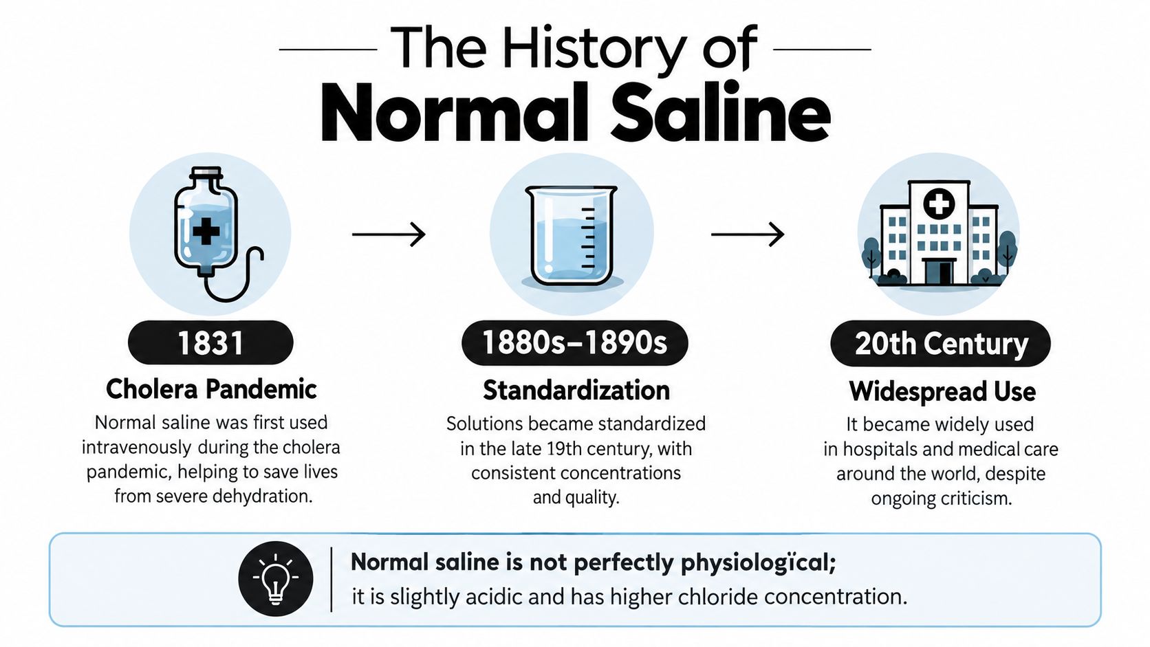 A timeline infographic illustrating the history of normal saline from its 1831 use to modern hospital adoption.