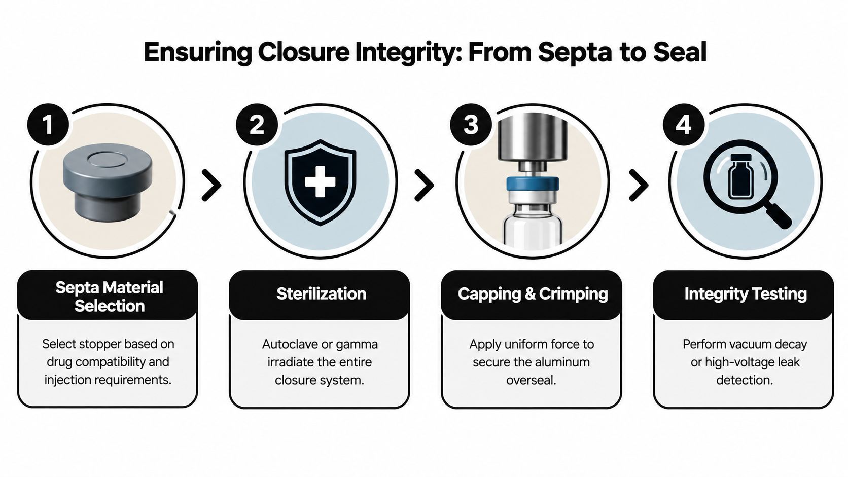 A four-step infographic illustrating the process of ensuring closure integrity for sterile glass vials.