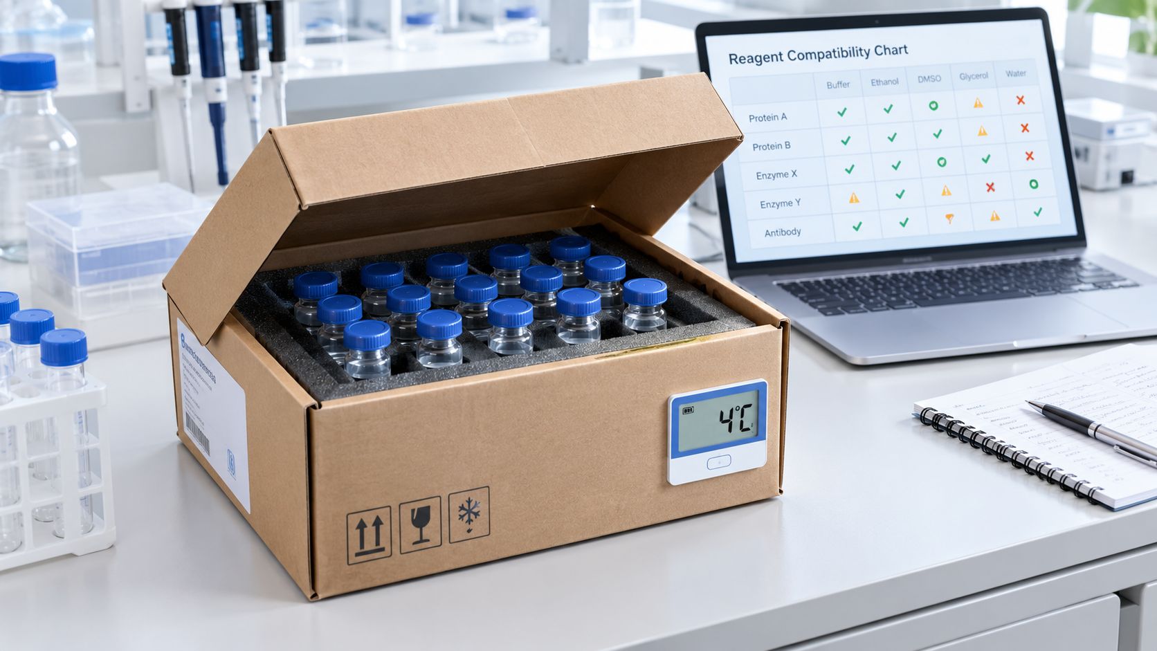 A lab table featuring a cardboard shipping box of sterile glass vials and a laptop displaying data.