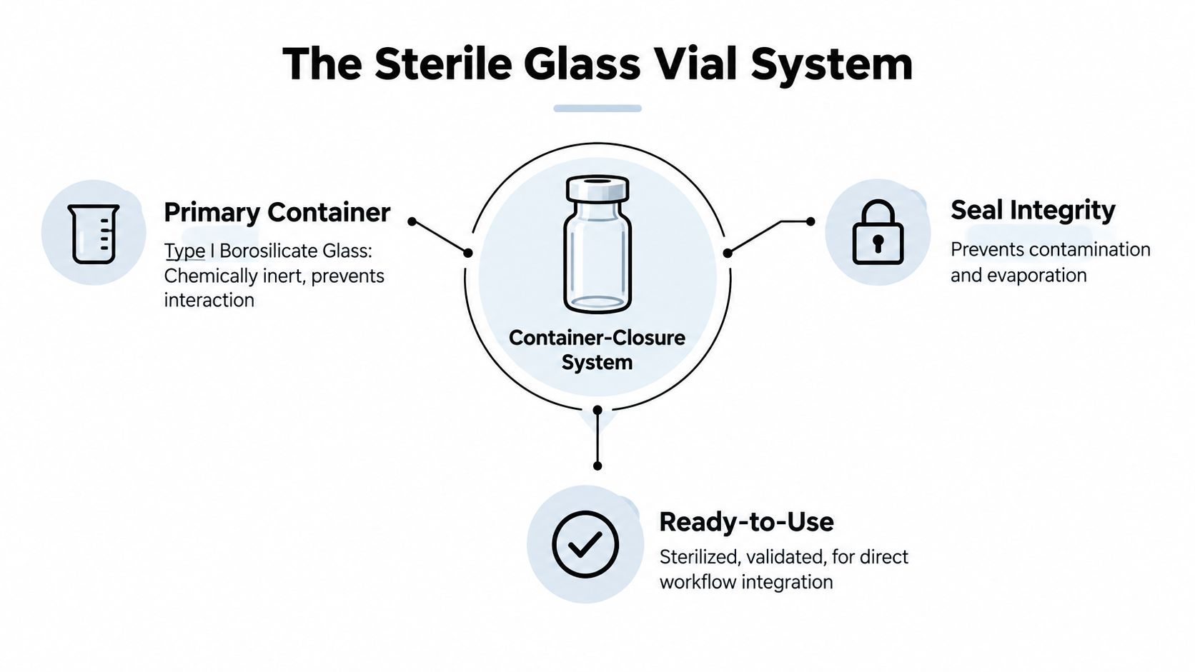 A diagram illustrating the three key components of a sterile glass vial container-closure system.