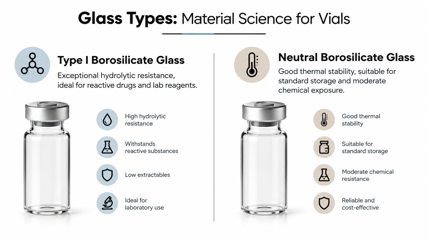 A comparison infographic detailing Type I Borosilicate Glass and Neutral Borosilicate Glass for medical vials.