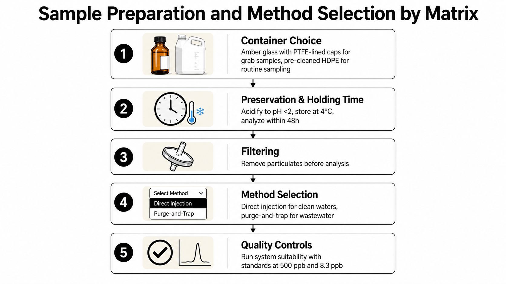 A five-step infographic showing sample preparation and method selection procedures for water analysis.