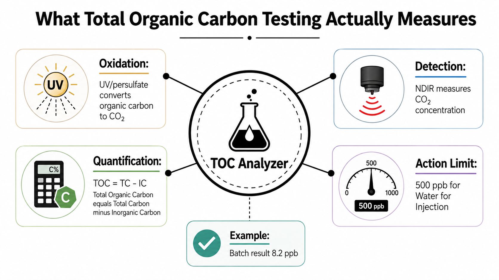 A diagram illustrating the Total Organic Carbon (TOC) testing process using a TOC analyzer.