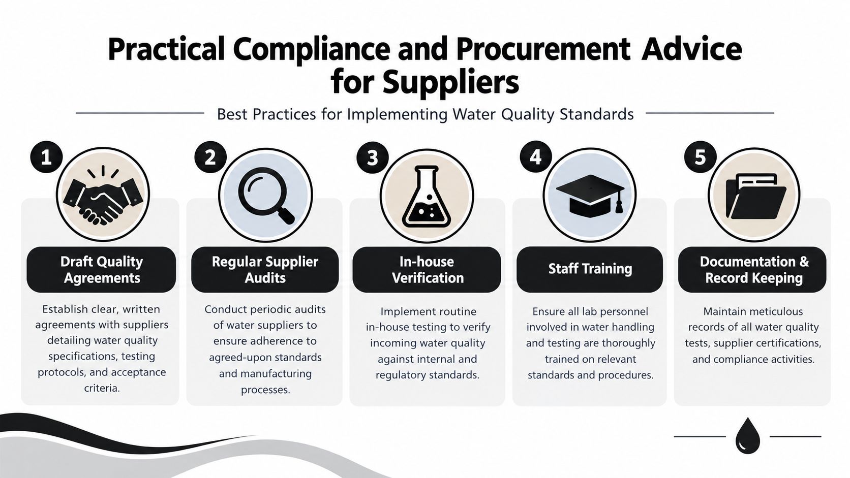 An infographic titled Practical Compliance and Procurement Advice for Suppliers outlining five steps for maintaining water quality standards.