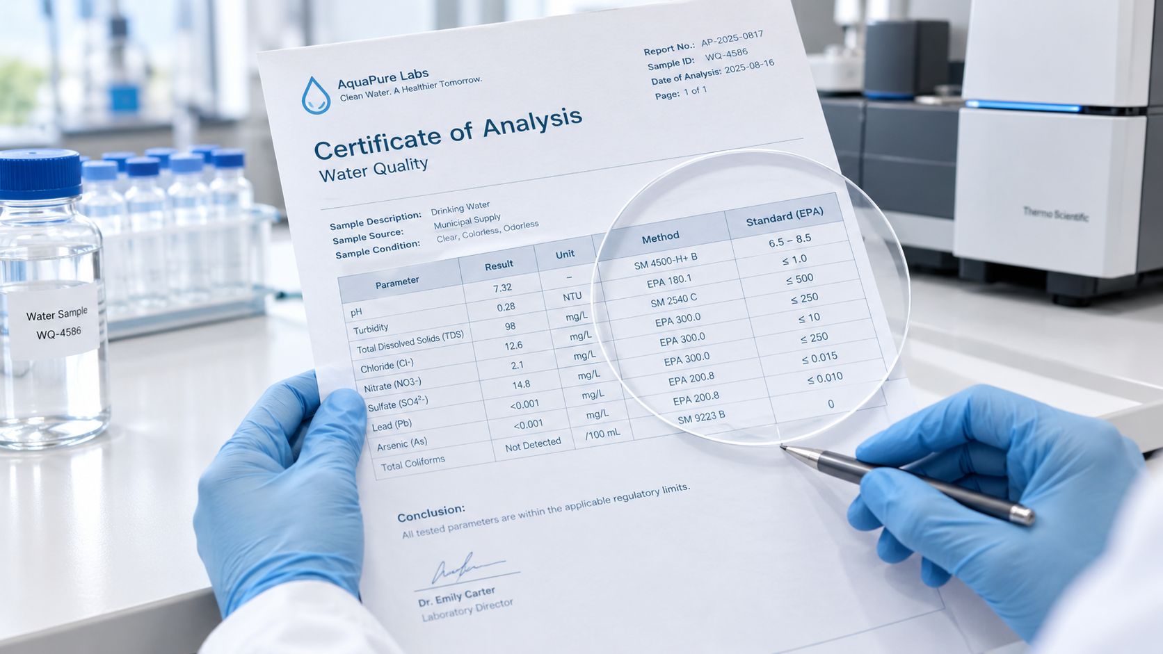 A scientist in blue gloves holding a water quality report with a magnifying glass over the results table.