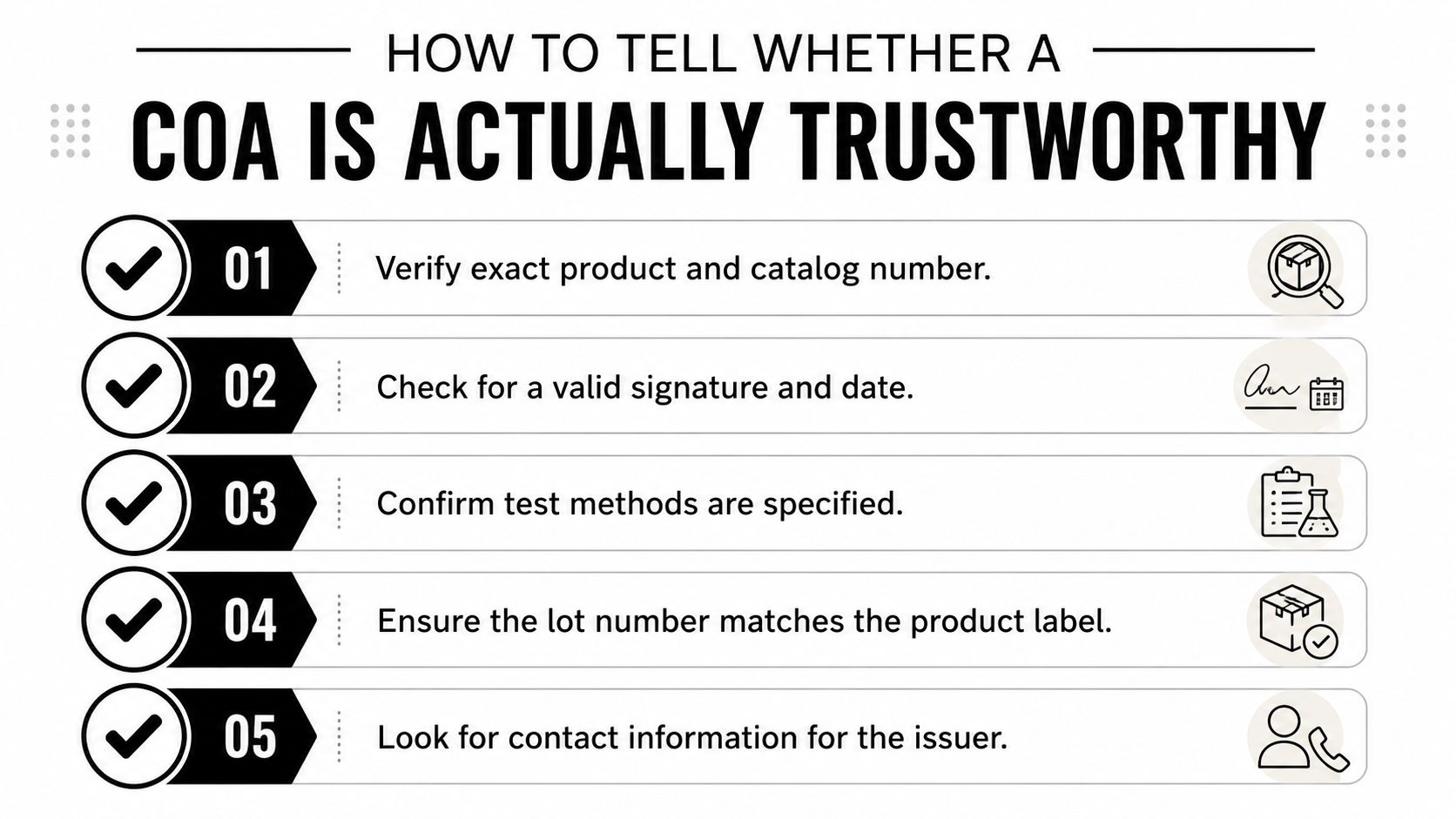 An infographic titled How to tell whether a COA is actually trustworthy with five numbered tips.