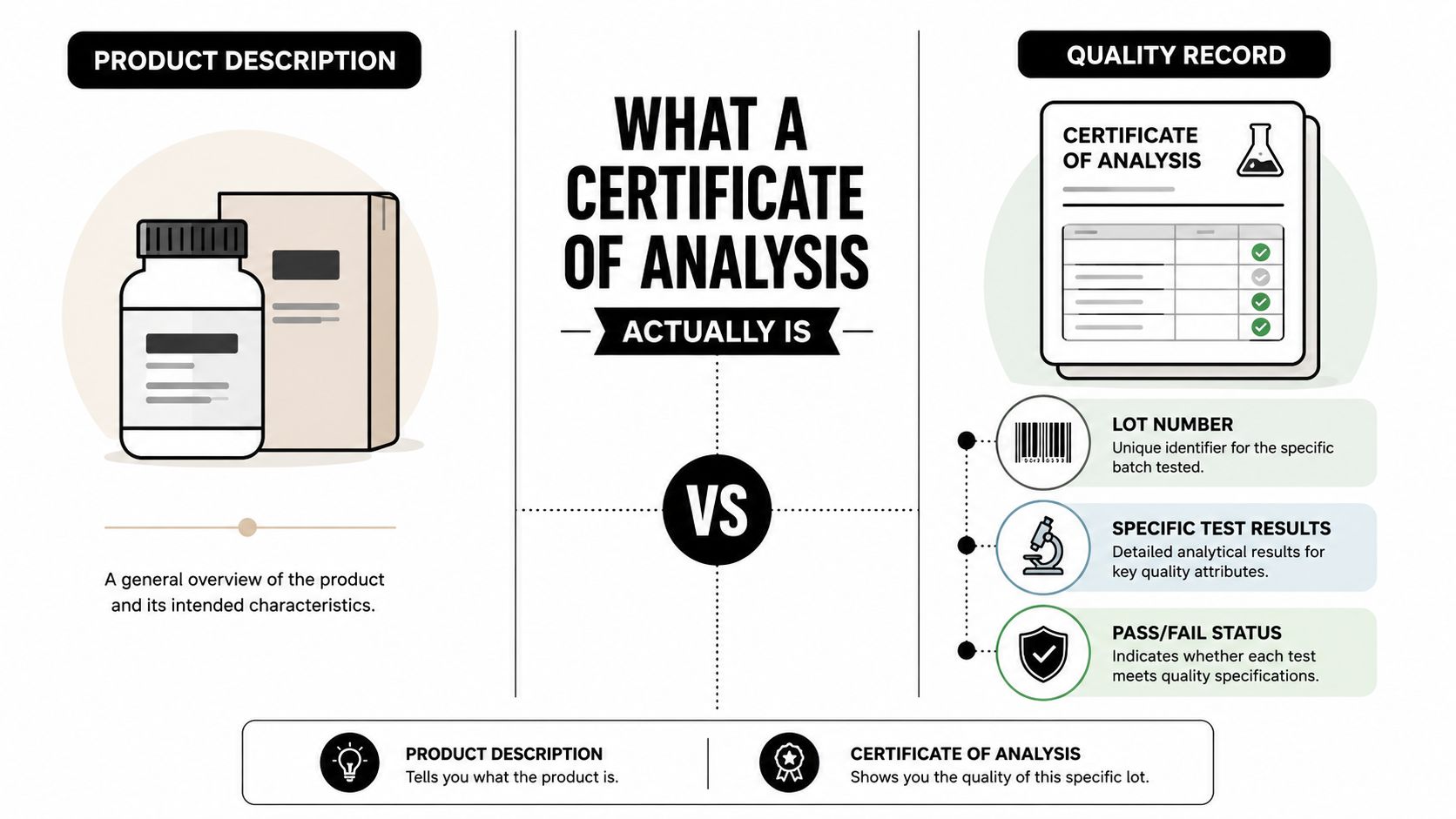 An infographic comparing a general product description to a detailed certificate of analysis for quality testing.