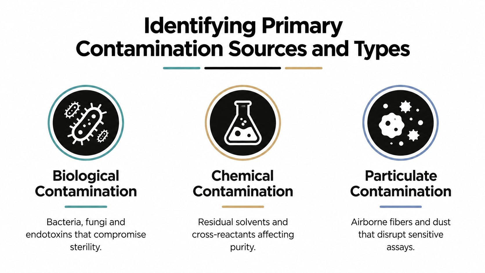 A diagram illustrating three main types of laboratory contamination: biological, chemical, and particulate, each with brief descriptions.