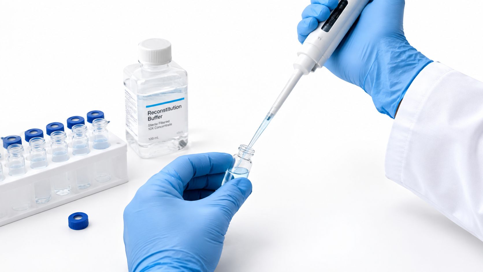 A scientist in blue gloves uses a pipette to add liquid to a small laboratory vial.
